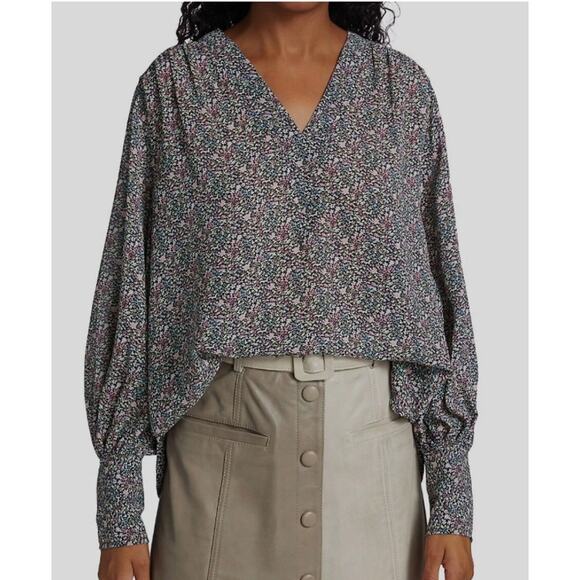 Ganni Tops - Ganni Blouse Long Sleeve Crepe Floral Print V Neck Top Sz EU34/ US2 Oversized